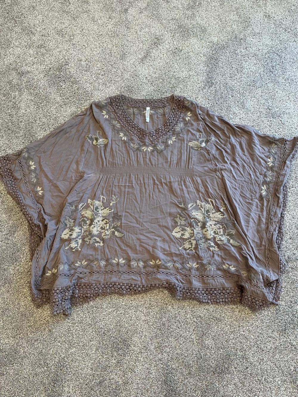 Monoreno Boho Embroidered Lace Trim Taupe Peasant Blouse Flowy Top Large